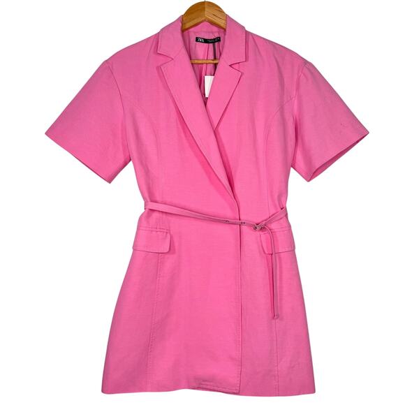 NWT Zara Linen Blend Blazer Mini Pink Dress Bloggers Favorite Barbiecore Size S - Picture 2 of 9